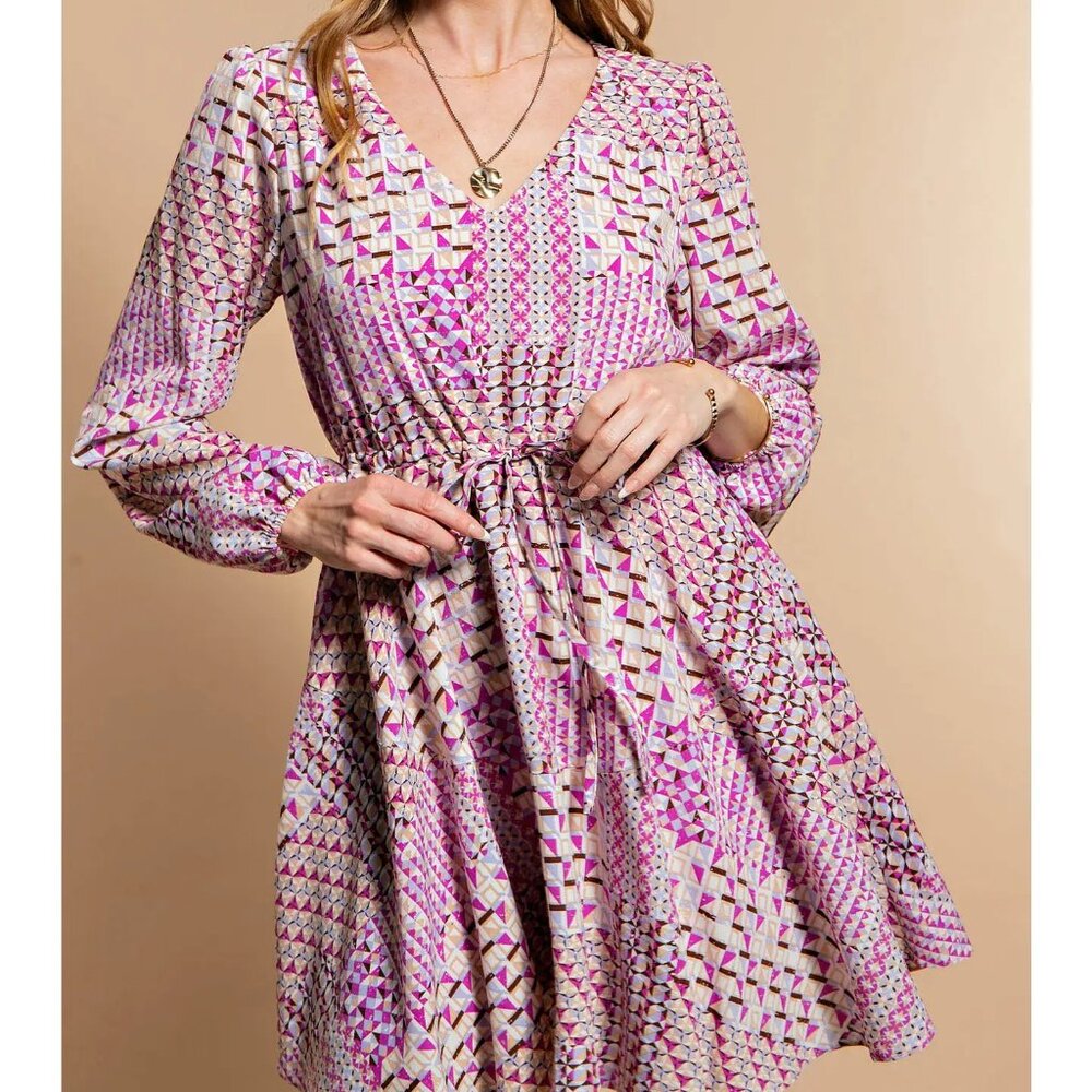 NWT Lavender Geo Print Tie Waist Dress with pockets - Picture 4 of 5
